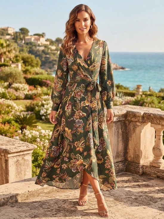 Ramy Brook Dresses & Skirts - Ramy Brook Olive Green Floral Wrap Midi Dress